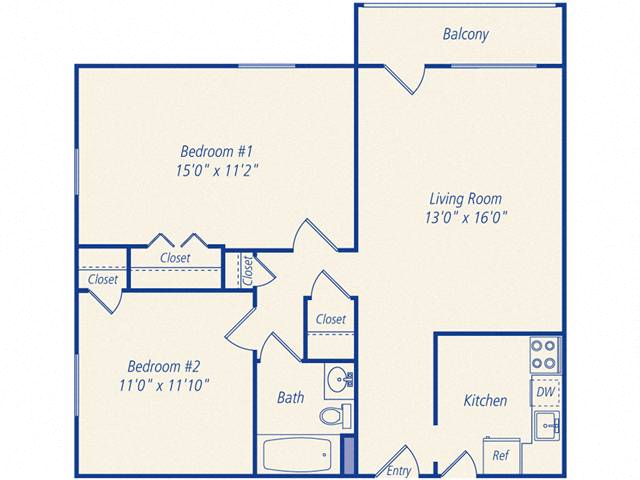 Floor plan for 2 beds, 1 bath, 735 sqft
